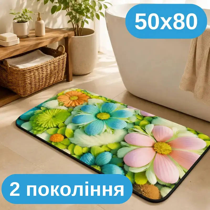Килимок у ванну 50×80 см — вологопоглинальний із матеріалу другого покоління, абсорбувальний антиковзний, квітки KT9000336 - фото 2