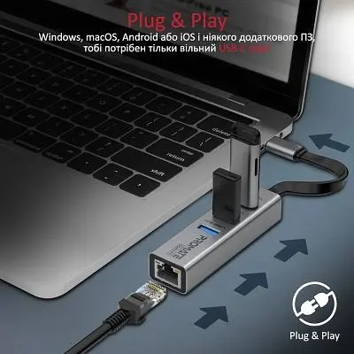 Концентратор Promate USB Hub 4 ports (gigahub-c.grey) (gigahub-c.grey) - фото 5
