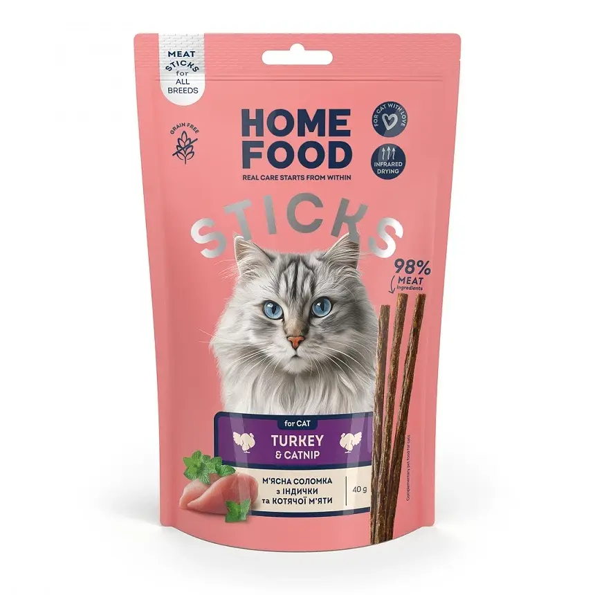 Соломка з м'яса індички + котяча м'ята - ласощі для котів Home Food 40 г