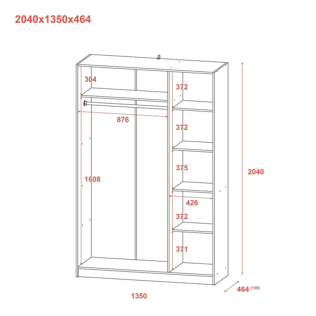 Шафа для одягу Doros Промо Антрацит 3 ДСП 135х48х204 (44900524) - фото 7
