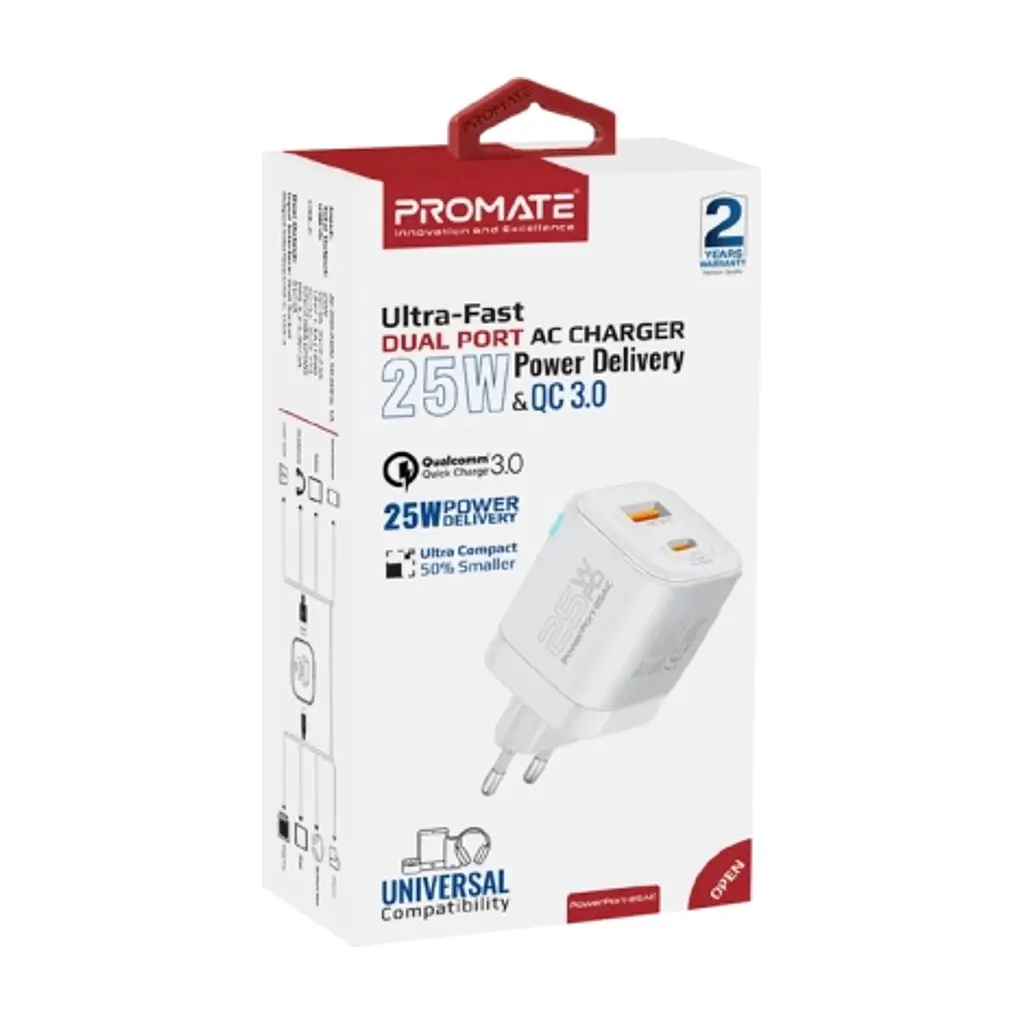 Зарядний пристрій Promate USBC PD25W + USBA QC3.0 18W White (powerport-25ac.white) - фото 10