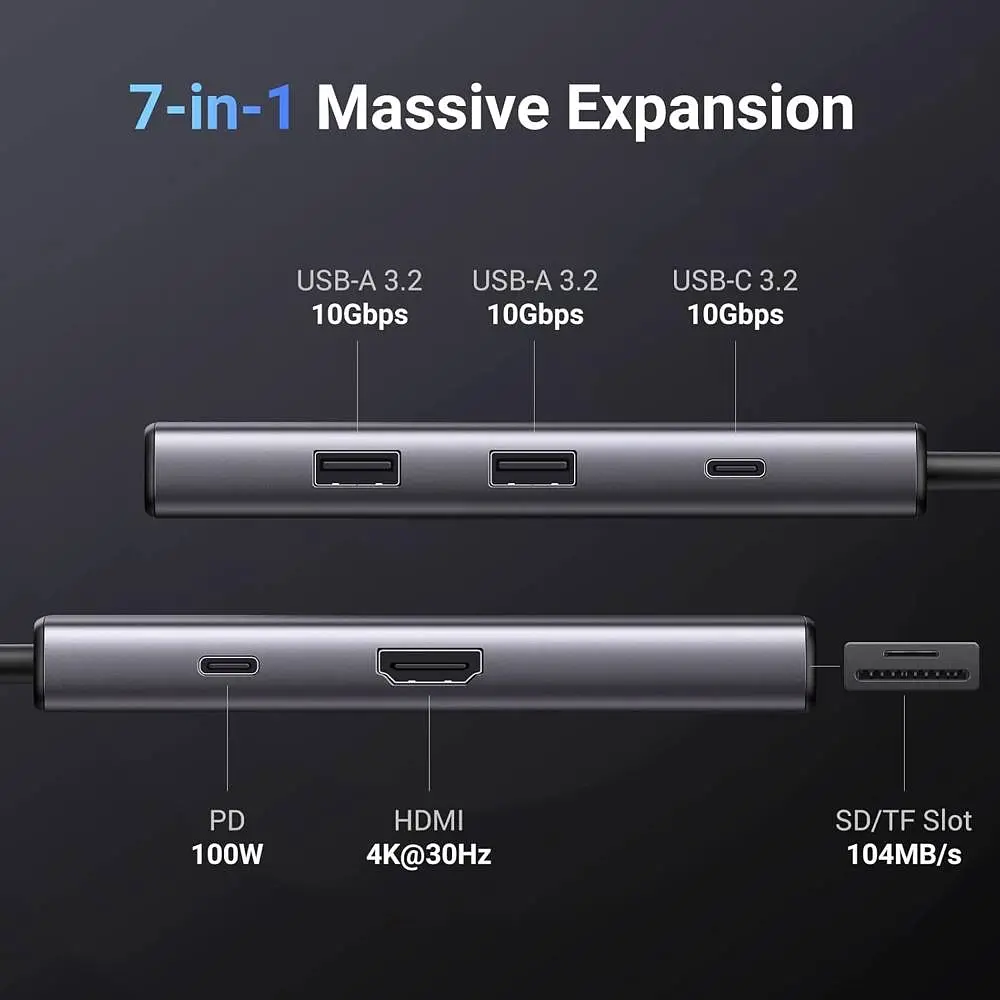 Док-станція USB3.1 Type-C --> HDMI 4K30Hz/USB 3.0x2/Type-C/SD/TF/ PD 100W CM498 7 in 1 Ugreen - фото 6