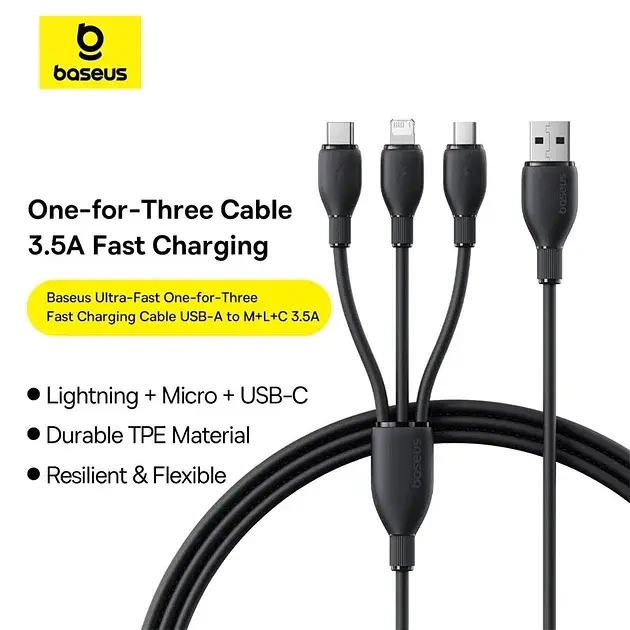 Кабель Baseus Ultra-Fast 3in1 Fast Charging Cable USB для MicroUSB+Lightning+Type-C 3.5A 0.8m P10376303121-01 Black - фото 4