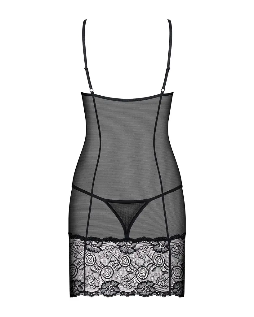 Сорочка Obsessive Alluria chemise & thong, L/XL, чорна, мереживо+мікросітка, стрінги в комплекті - фото 4