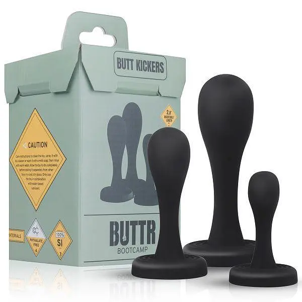 Набір анальних пробок, анальні іграшки BUTTR Butt Kickers Training Set — 3 розміри, присоски, чорного кольору - фото 2