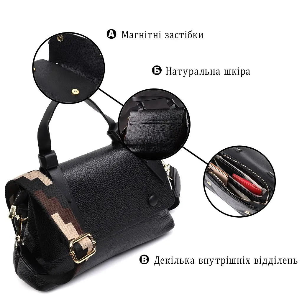 Жіноча сумка з цікавою ручкою з натуральної шкіри Vintage 22336 чорна - фото 4