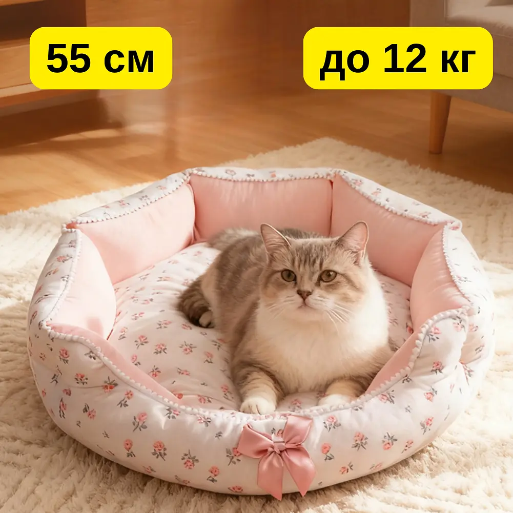 Лежанка-диван для котів та собак , 55 см до 12 кг — м’який плюшевий будиночок для улюбленців рожевий квітковий KT8005022