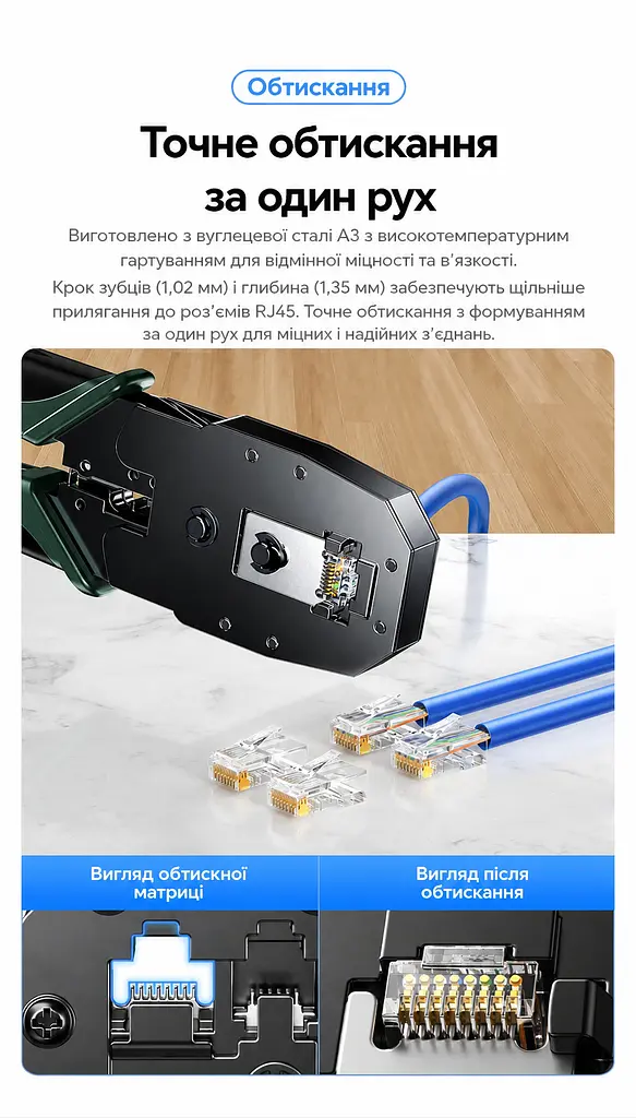 Кліщі для обтискання й різання та зняття ізоляції UGREEN NW304 кримпер для роз’ємів 8P/6P/4P RJ45 RJ11/RJ12 RJ9/RJ10 для плоских і круглих дротів зачищення дротів діаметром до 10 мм нековзні руків’я з м’якої гуми із захисним упором для руки механізм зменшення зусилля натискання чорні (35971) - фото 5