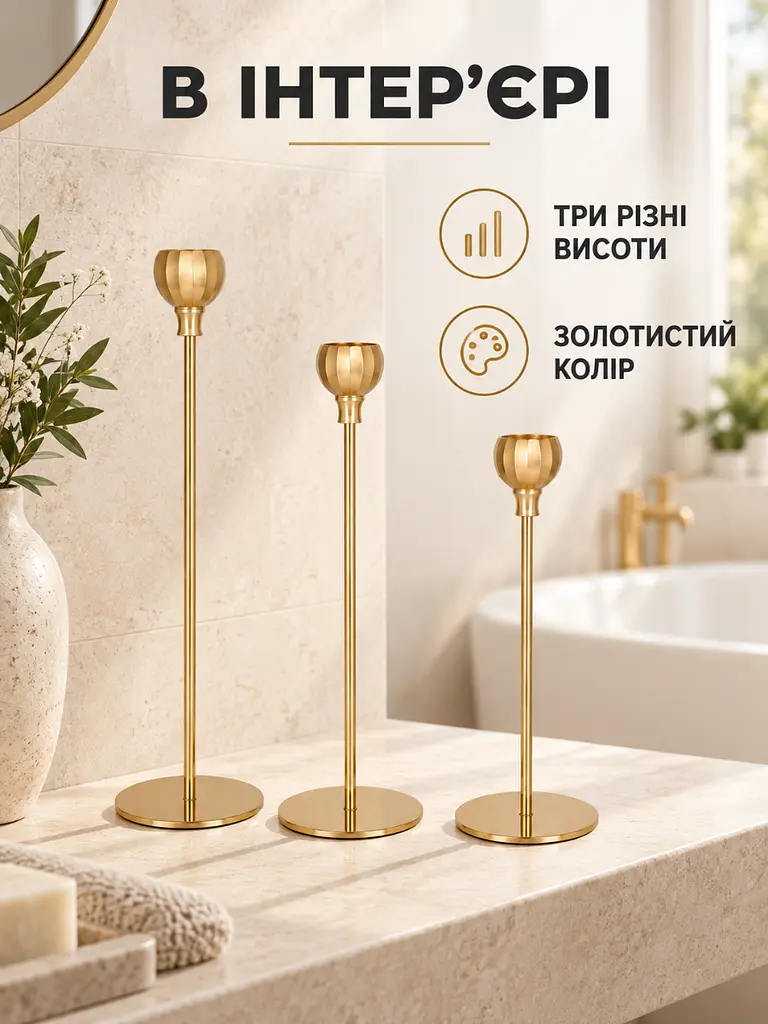 Набір декоративних підсвічників 3 шт 22 см / 27 см / 31.5 см для інтер'єру золотистий (37261200) - фото 9