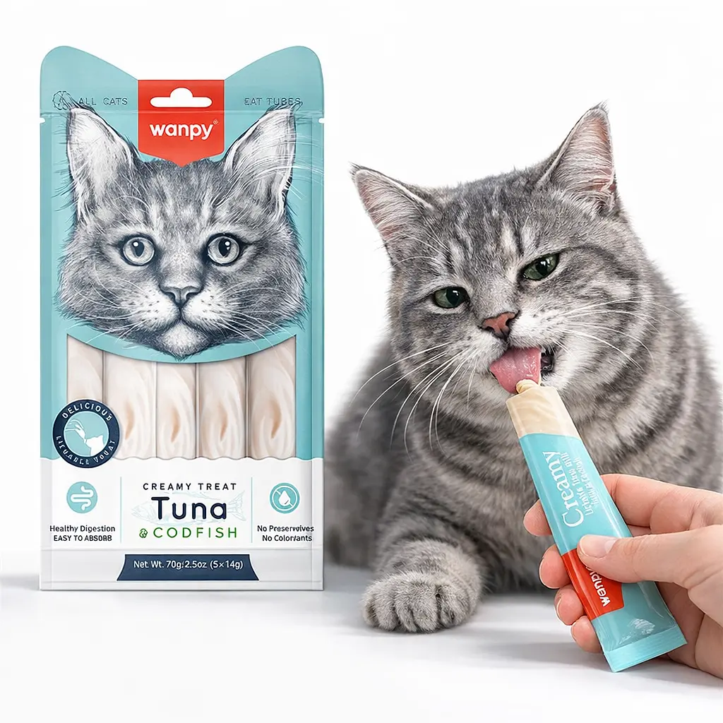 Wanpy Creamy Lickable Treats Tuna & Codfish ванпи тунець з трескою рідке ласощі для котів 5х14 гр. - фото 2