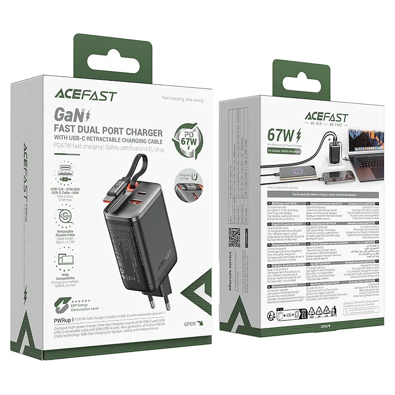 Мережевий зарядний пристрій з кабелем ACEFAST A111 PD67W GaN charger(2*USB-C+USB-A) with retractable cable Black (6974316284062) - фото 2