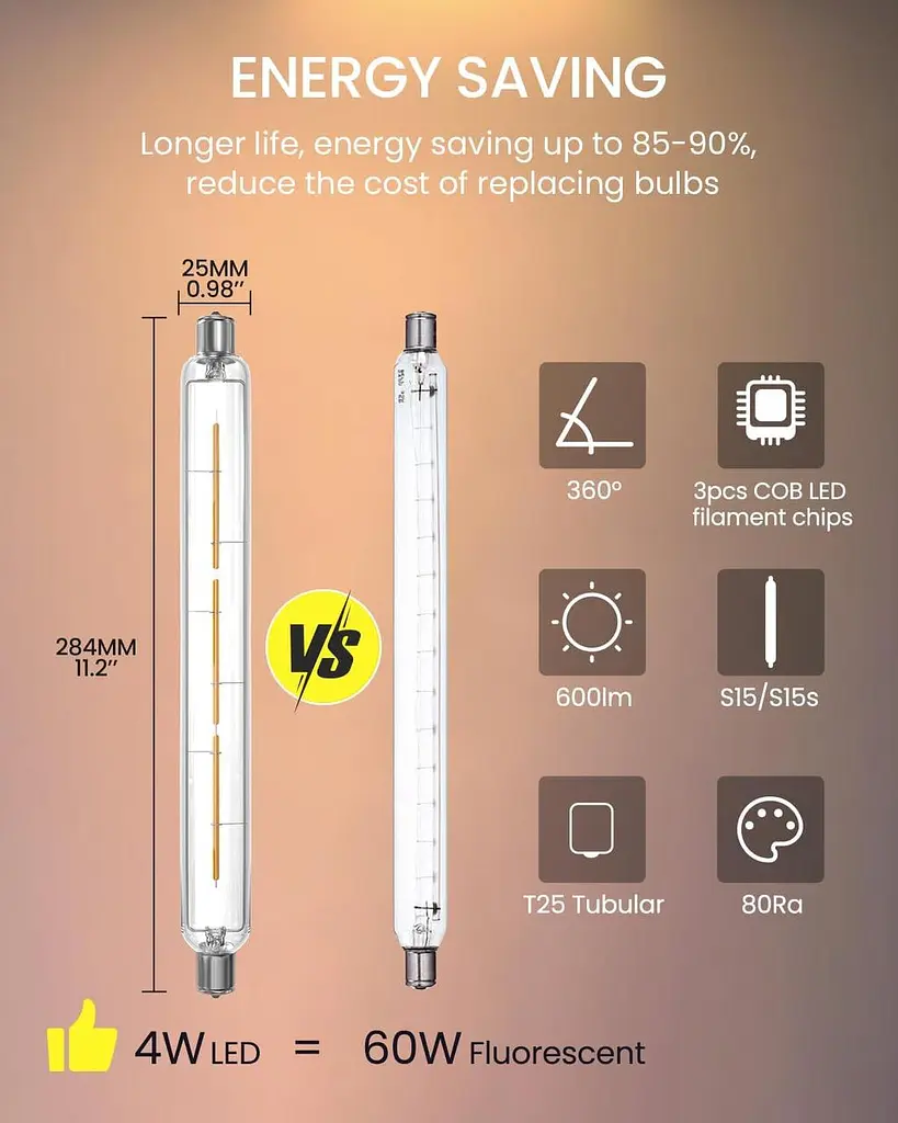 Bonlux 4W S15s Світлодіодні лампи 284 мм Теплий білий 2800K 60W S15 Заміна лампи S15s Fitting Lamp T25 Трубчаста прозора - фото 2
