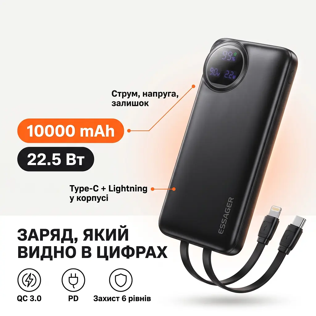 Повербанк Essager Heteromypil 10000 mAh 22.5W з цифровим дисплеєм та вбудованими кабелями Type-C і Lightning - фото 3
