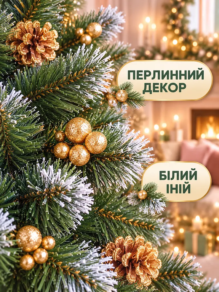 Сертифікована ялинка штучна пухнаста зі снігом і золотими шишками та перлинами YaLINKA КZ25 250 см із високоякісного нешкідливого - фото 7