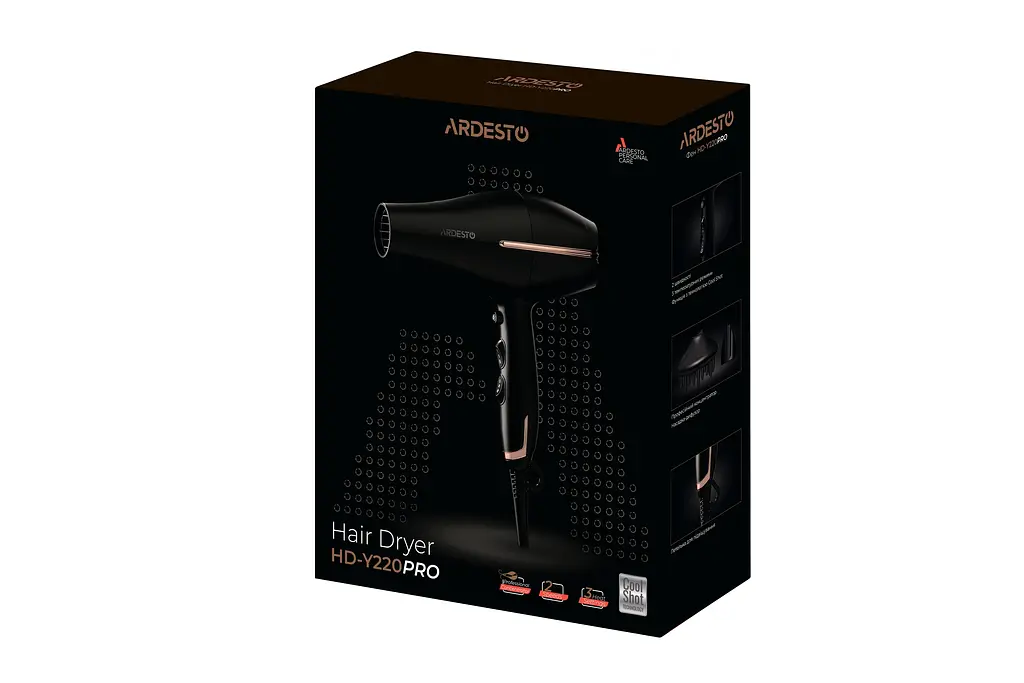 Фен HD-Y220PRO, 1850-2200Вт, 2 швидкості, 3 темп.режими, дифузор, чорний+золото ARDESTO teh0017536 - фото 8