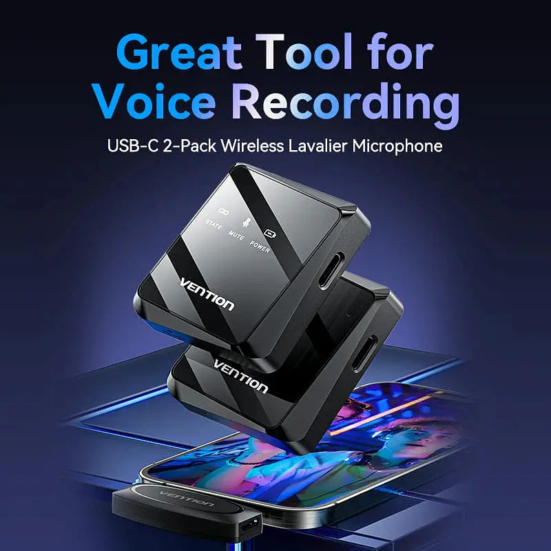 Беспроводной двойной петличный микрофон Vention USB-C 2-Pack Wireless Lavalier Black - фото 8