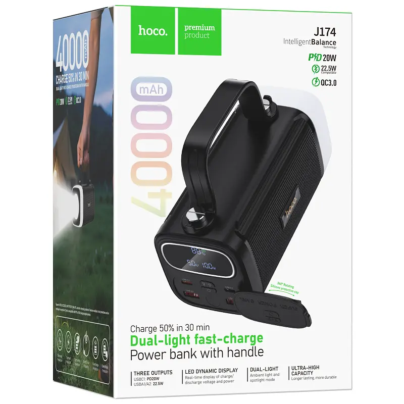 Портативний ЗП Power Bank Hoco J174 Unimpeded 22.5W+PD20W dual lighting 40000 mAh Black - фото 2