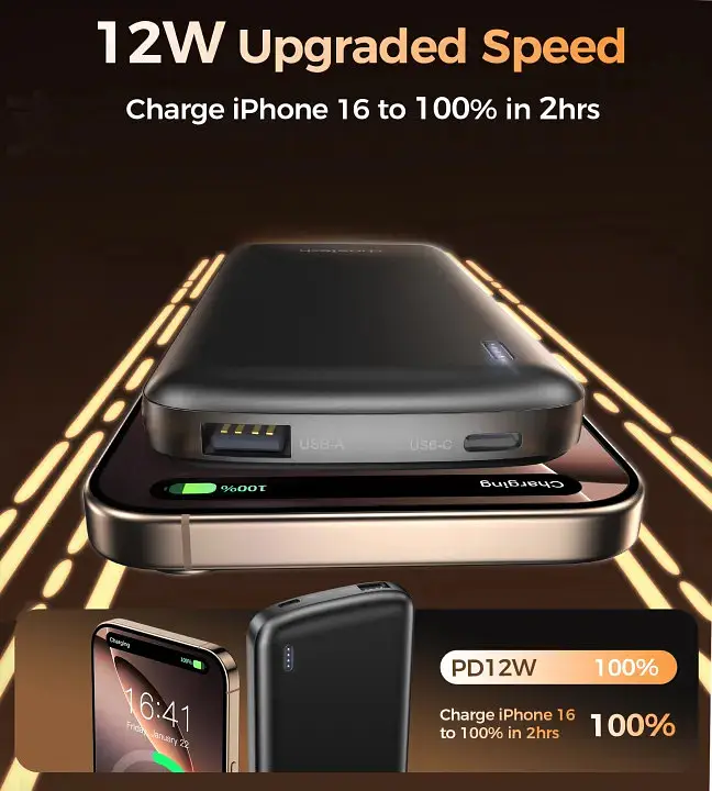 Універсальна мобільна батарея Choetech 10000mAh 12W USB-A,USB-C чорна - фото 7