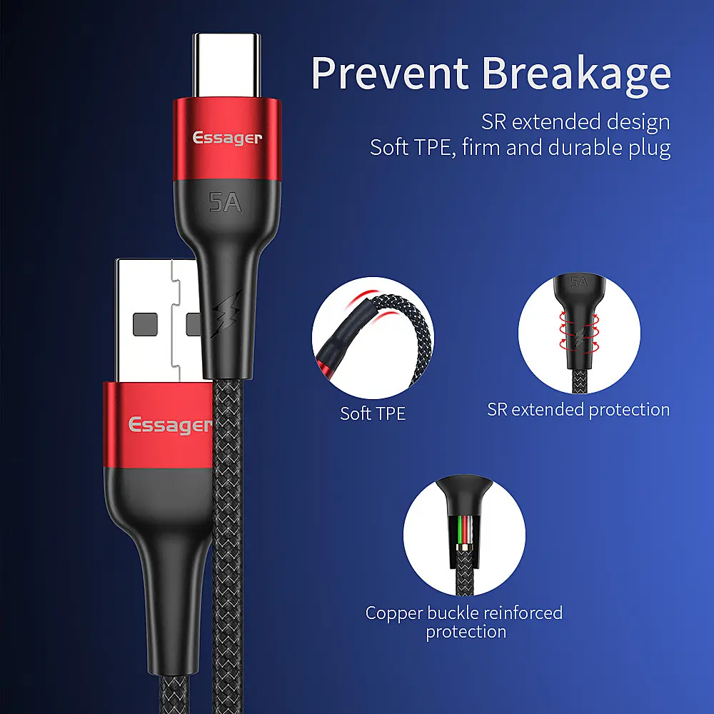 Зарядный кабель Super Quick Charge ESSAGER 5A Type-C 1метр - фото 2