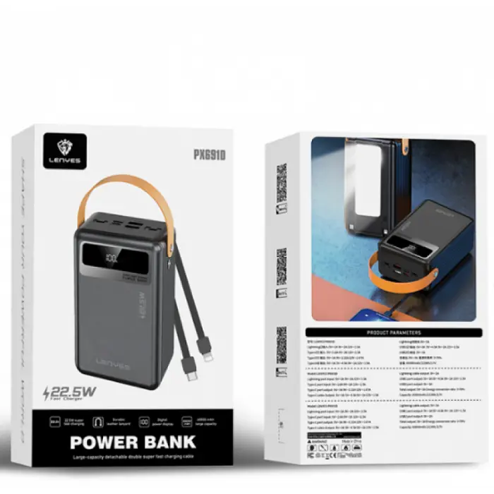 Зовнішній акумулятор Power Bank LENYES PX691D, 60000 мА·год, швидка зарядка PD 22.5W, чорний - фото 6