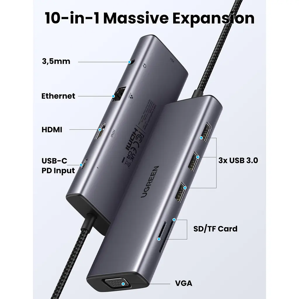 Концентратор Ugreen USB3.1 Type-C to HDMI/VGA/USB 3.0х3/RJ45/SD/TF/PD/35мм TRRS 100W 10-in-1 (15601) - фото 3