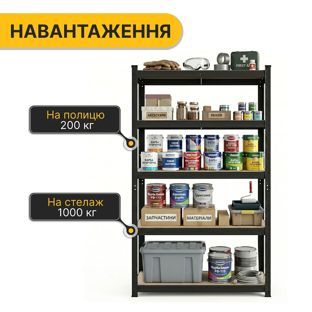 Стелаж LEOBRO Premium Black 180 х 100 х 50 см, 200кг/полиця, 5 полиць (LB-R129) - фото 4
