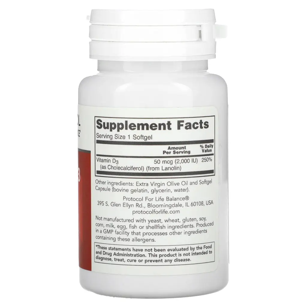 Витамин Д3 Protocol for Life Balance Vitamin D3 высокая эффективность 2000 МЕ 120 гелевых капсул - фото 2