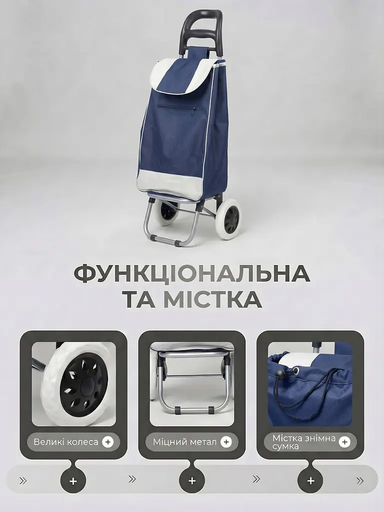 Сумка-візок господарська на колесах 93x34x26 см 35 л, синя-біла (7887169222) - фото 8