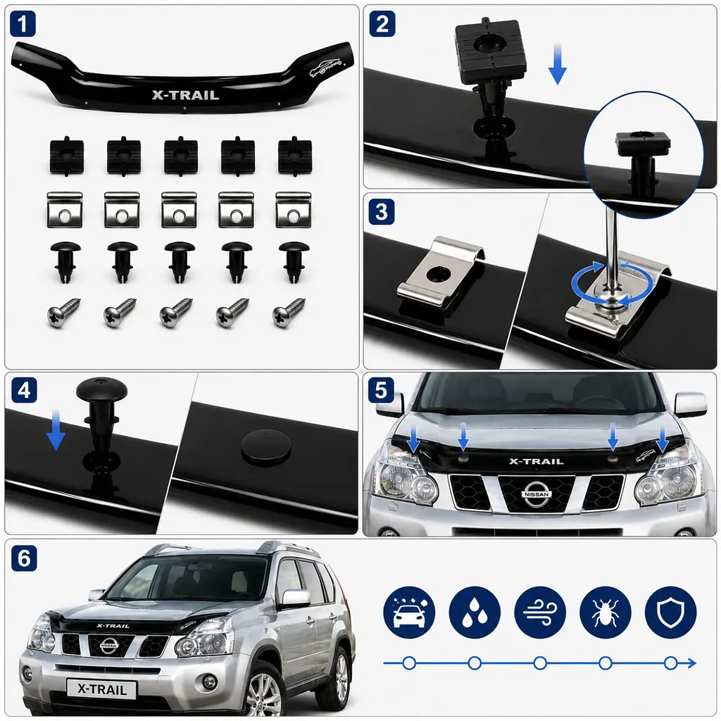 Дефлектор капота мухобойка Nissan X-Trail (T31) 2007-2014 Євро Кріплення Vip Tuning (NS15) - фото 2
