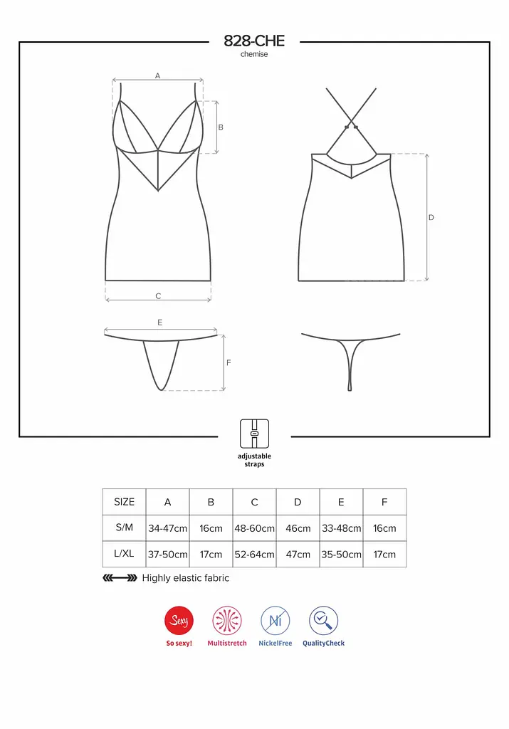 Сатиновий комплект для сну з мереживом Obsessive 828-CHE-1 chemise & thong S/M, чорний, сорочка, стр - фото 7