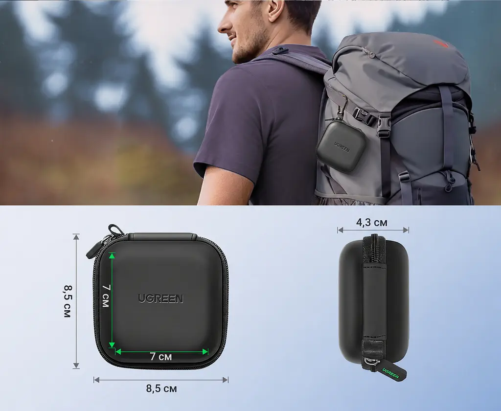 Футляр для мелких гаджетов UGREEN LP128 кейс для наушников ударопрочный и влагостойкий с карабином для крепления к сумке или рюкзаку внутренний сетчатый карман на молнии жёсткий корпус EVA с мягкой внутренней подкладкой внешний размер 80 × 80 × 40 мм чёрный (40816) - фото 9