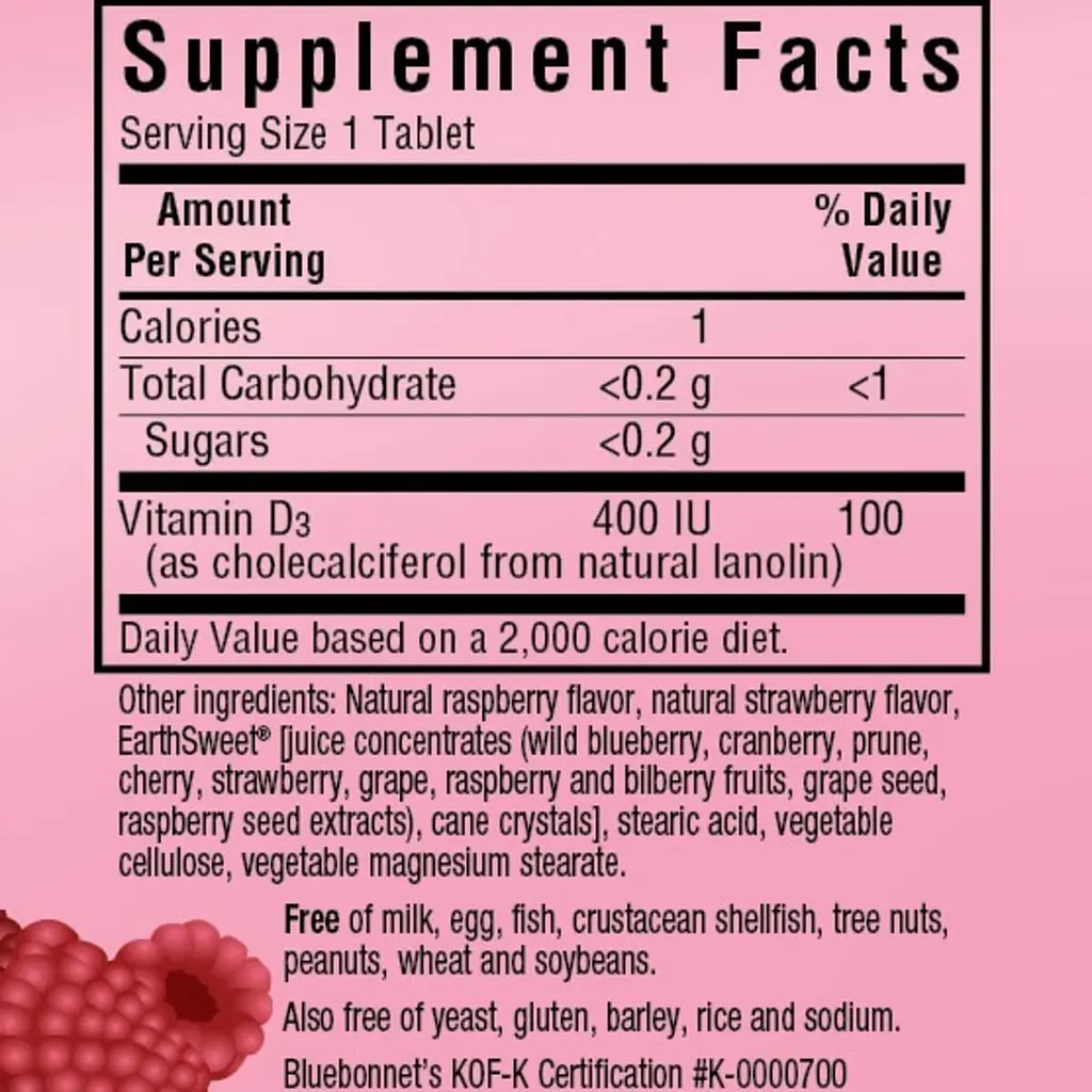 Витамин D3 Bluebonnet Nutrition Earth Sweet Chewables 400IU со вкусом малины 90 жевательных таблеток - фото 2