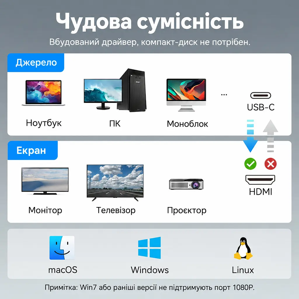 MST-відеоадаптер для двох дисплеїв Vention USB-C штекер на два HDMI-гнізда Одночасний вивід 4K 30 Гц на HDMI 1 та 1080p 60 Гц на HDMI 2 Порт USB-C пристрою має підтримувати DP Alt Mode Для першого використання потрібне налаштування UDisplay Режими дублювання та розширення екрана Сумісність із Windows та macOS З вбудованим кабелем 0,15 м Сірий (ACZHB) - фото 13