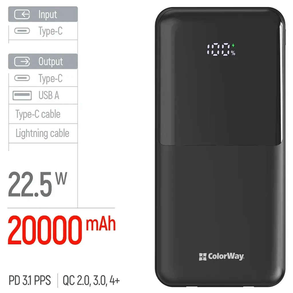 Батарея універсальна ColorWay 20 000 мА·год DigiPower PD/22.5 Вт, QC/4.0, чорна (CW-PB200LP01BK) - фото 5