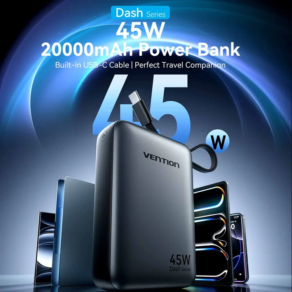 Батарея універсальна Vention 20000 mAh 45W Mini with Built-in USB-C Cable Gray (FHGH0) - фото 2