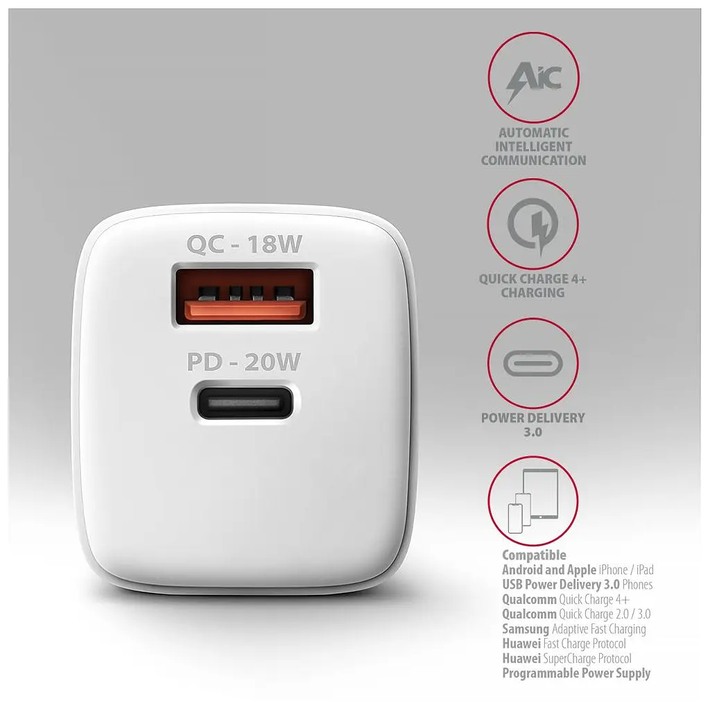 Зарядний пристрій AXAGON 1xUSB QC3.0 + 1xUSB-C PD20W white (ACU-PQ20W) - фото 6
