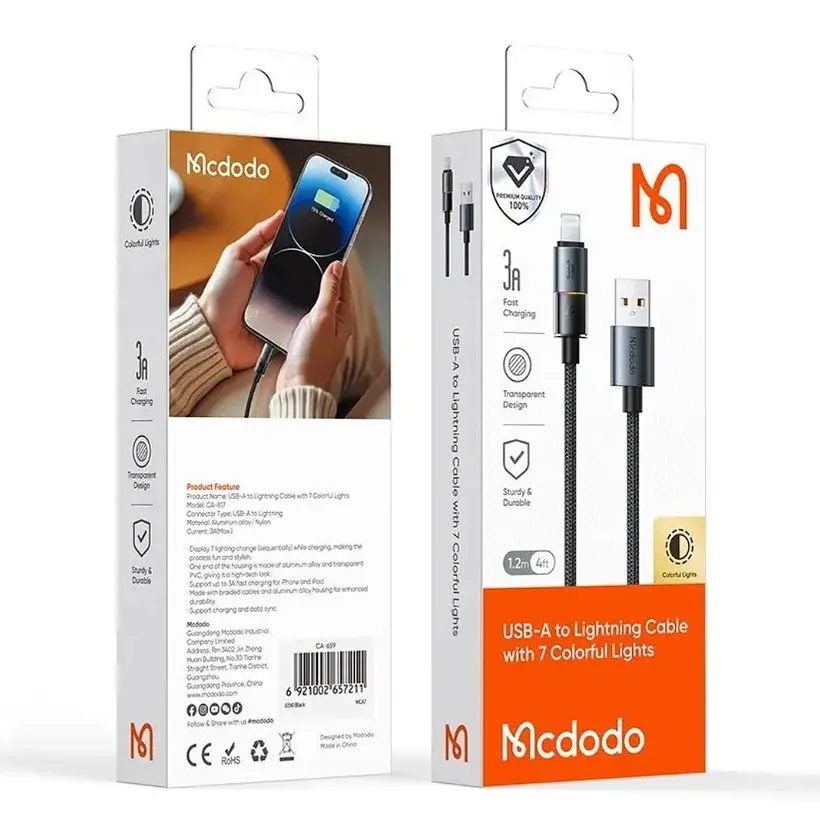 Кабель Mcdodo USB-A to Lightning Cable with 7 Colorful Lights 1,2 м CA-8170 Черный - фото 2