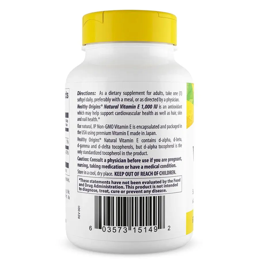 Вітамін Е Healthy Origins Vitamin E 1000 IU, 60 капсул для підтримки шкіри, волосся та нігтів - фото 3