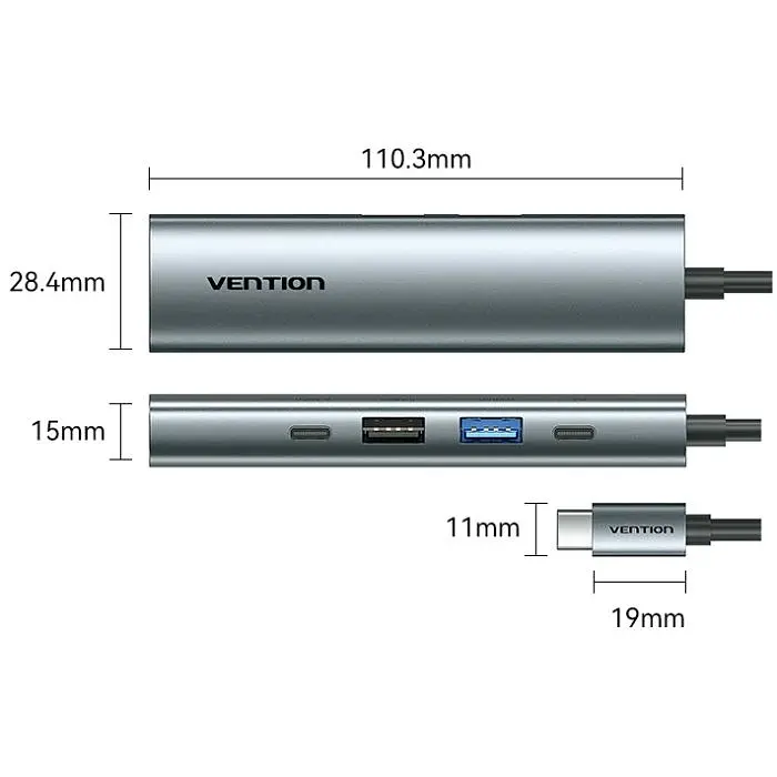 Док-станція USB3.0 Type-C - HDMI /USB 3.0/USB 2.0/Type-C 2.0/PD 100W Hub 5-in-1 Vention (TGLHB) - фото 7