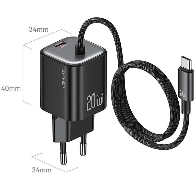 СЗУ Usams US-CC261 GaN JC Ser. 20W (2USB-C) + кабель Type-C to Type-C Black - фото 3
