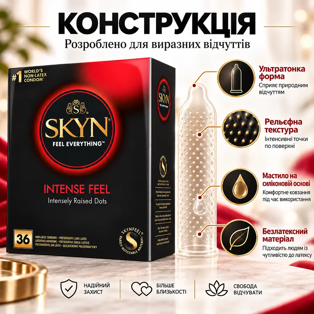 Безлатексні презервативи SKYN Intense Feel 36 шт поліізопренові 53 мм з точковою текстурою та силіконовою змазкою - фото 6