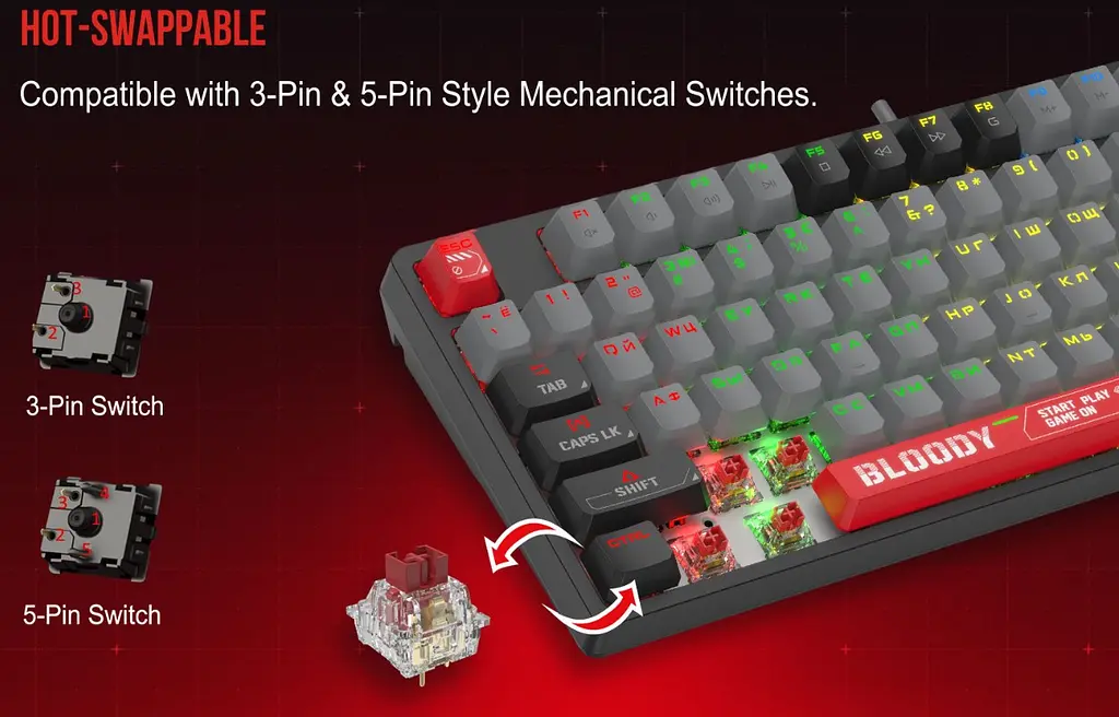 Клавиатура игровая механическая A4Tech S-87 Bloody Black, BLMS Red Plus Switch, Eng/Rus/Укр - фото 11