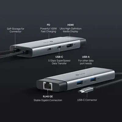 Концентратор TP-Link USB 3.0 6-in-1 2xUSB 3.0 + 1xUSB-C + 1xHDMI + 1xRJ45 + PD 100W (UH6120C) - фото 2