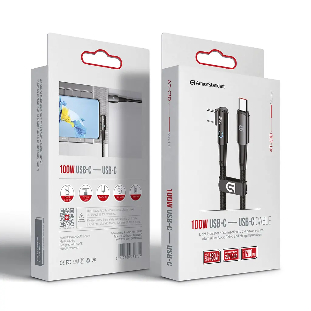 Кабель ArmorStandart AT-C1D USB Type-C to 90-degree USB Type-C 100W 1,2m Black (ARM75870) - фото 2