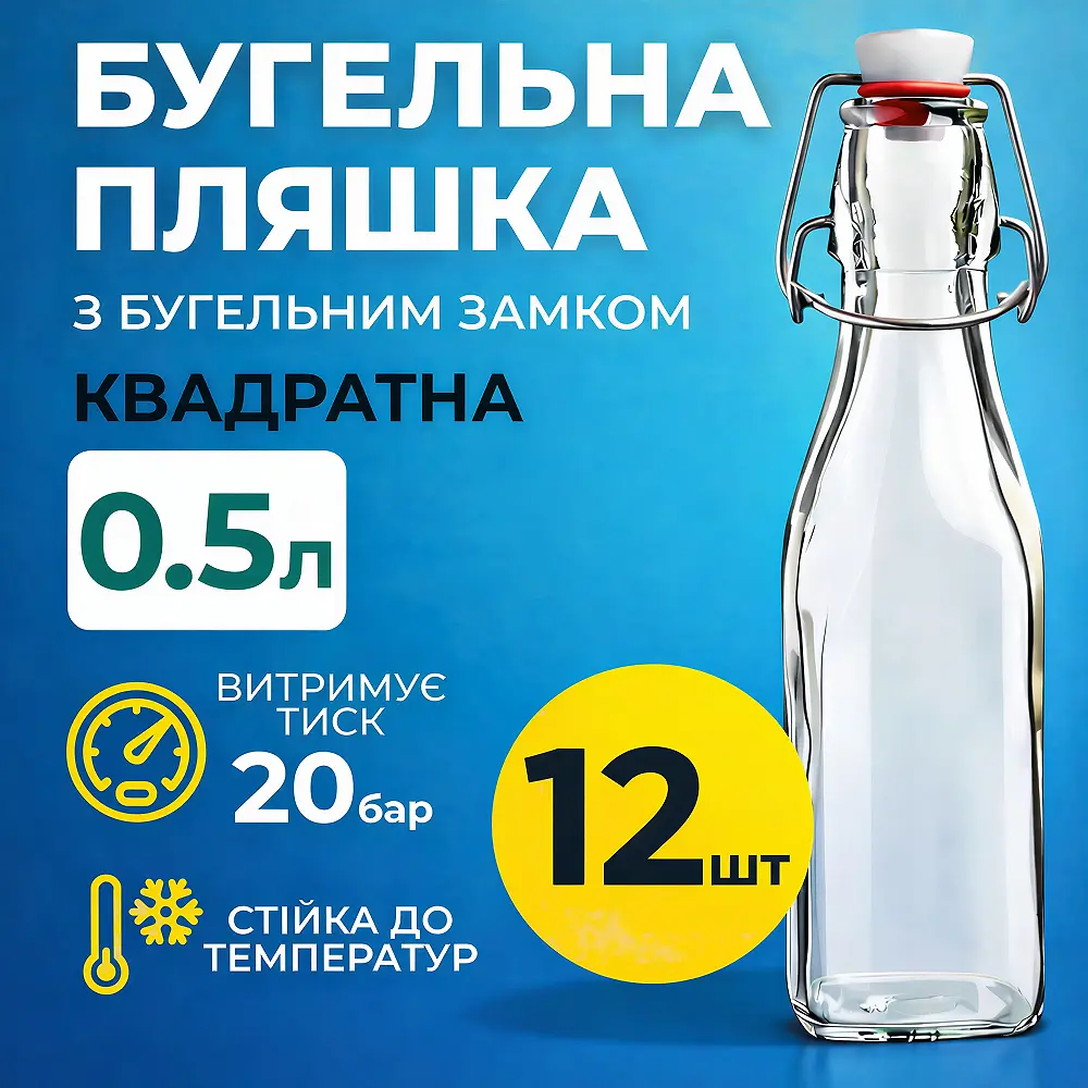 Пляшка Квадратна Бугельна, скляна (прозора) 0,5 л. з бугельним корком 12 шт. - фото 2