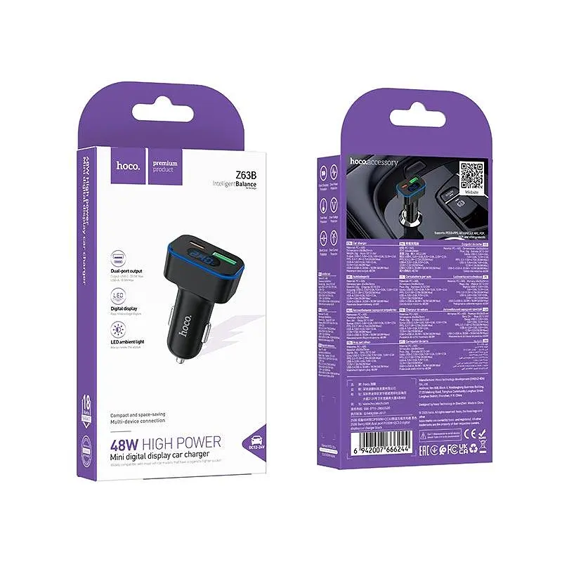 Адаптер автомобільний HOCO Barry dual port digital display car charger Z63B 1USB/1Type-C, 48W/3A, PD/QC - фото 2