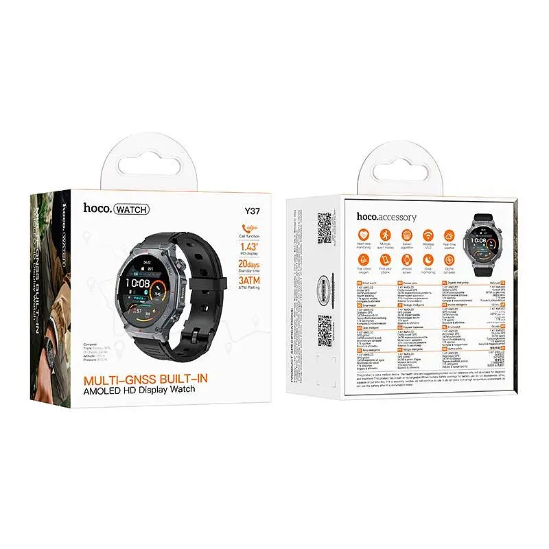 Розумні годинники HOCO AMOLED GPS Y37 (BT5.3 call version) дисплей 1.43 20 days 3 ATM чорний - фото 2