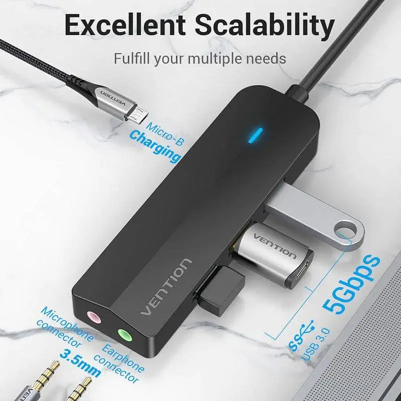 Хаб USB 3.1 Type-C -> 3xUSB 3.0/MicroUSB/3.5mm Sound Adapter чорний Vention - фото 3