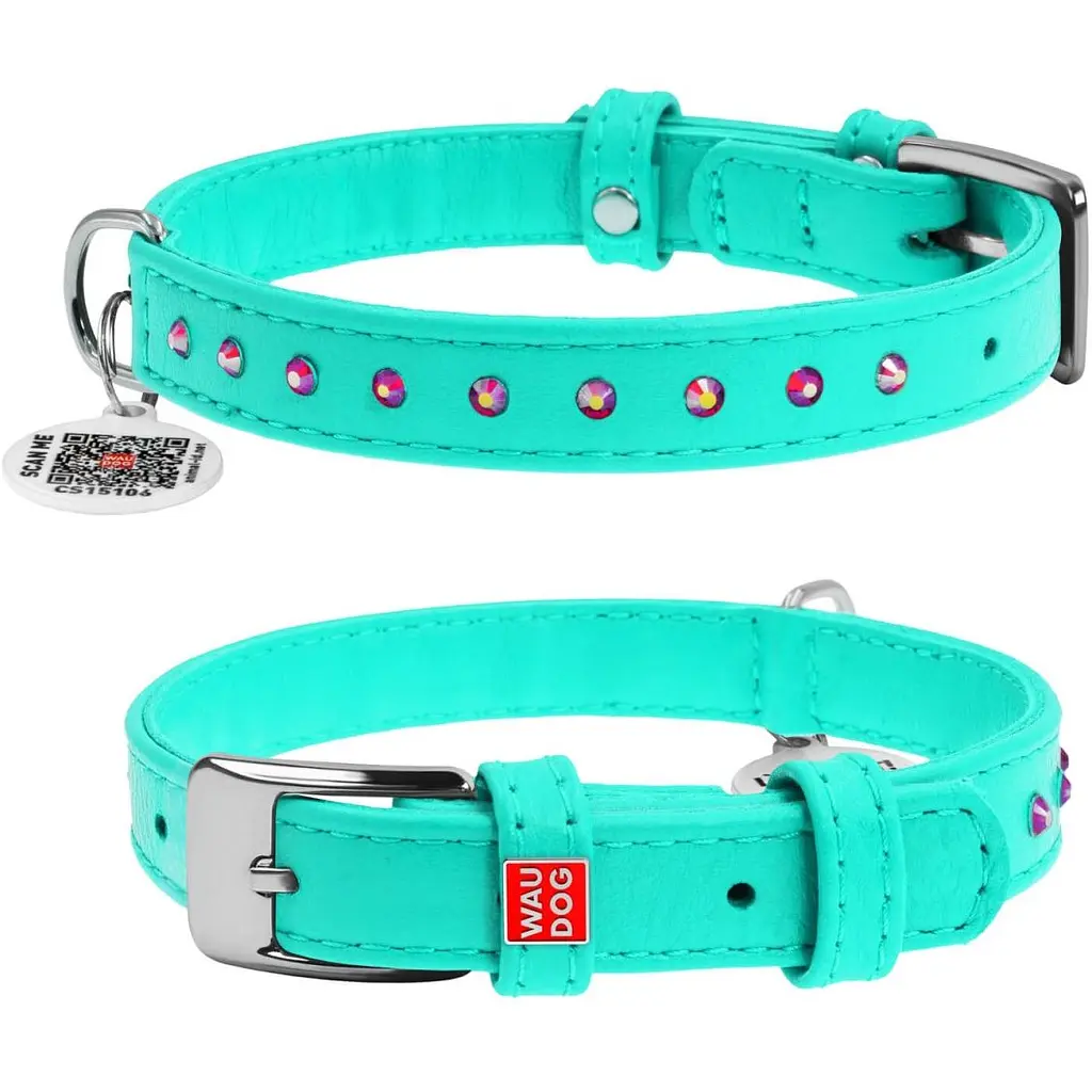 Нашийник для собак Waudog Glamour, шкіряний, зі стразами, з QR паспортом, S, 21-29х1,2 см, ментоловий - фото 3