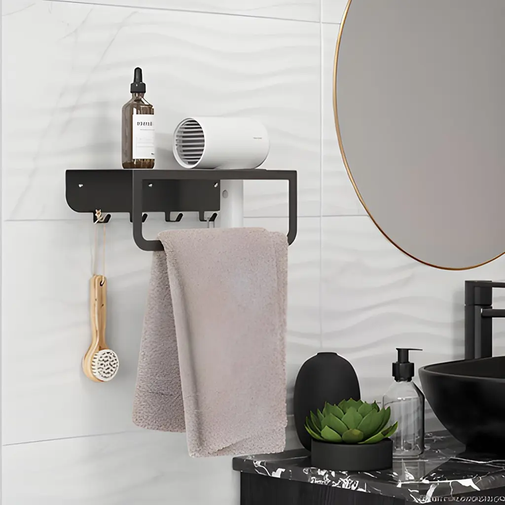 Полиця в ванну кімнату Nice & Cozy HairDry з отвором для рушників та фену чорна - фото 2